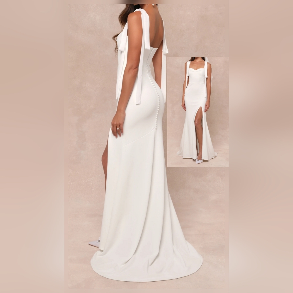 Lulu's White Satin Tie-Shoulder Wedding Dress with Side Slit